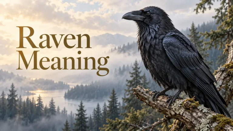 Raven meaning cover with an illustrated black raven in a misty woodland