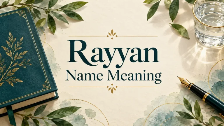 Rayyan Name Meaning title on ivory paper beside a teal notebook, fountain pen, water glass, and green leaves