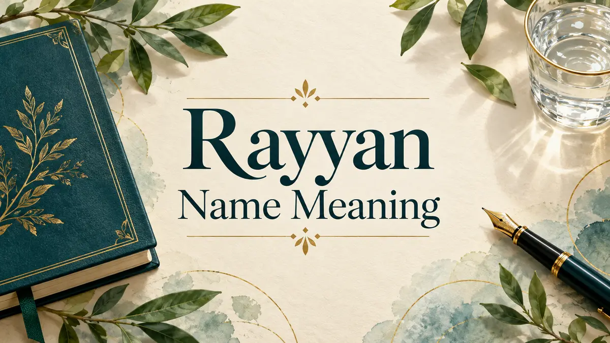 Rayyan Name Meaning title on ivory paper beside a teal notebook, fountain pen, water glass, and green leaves