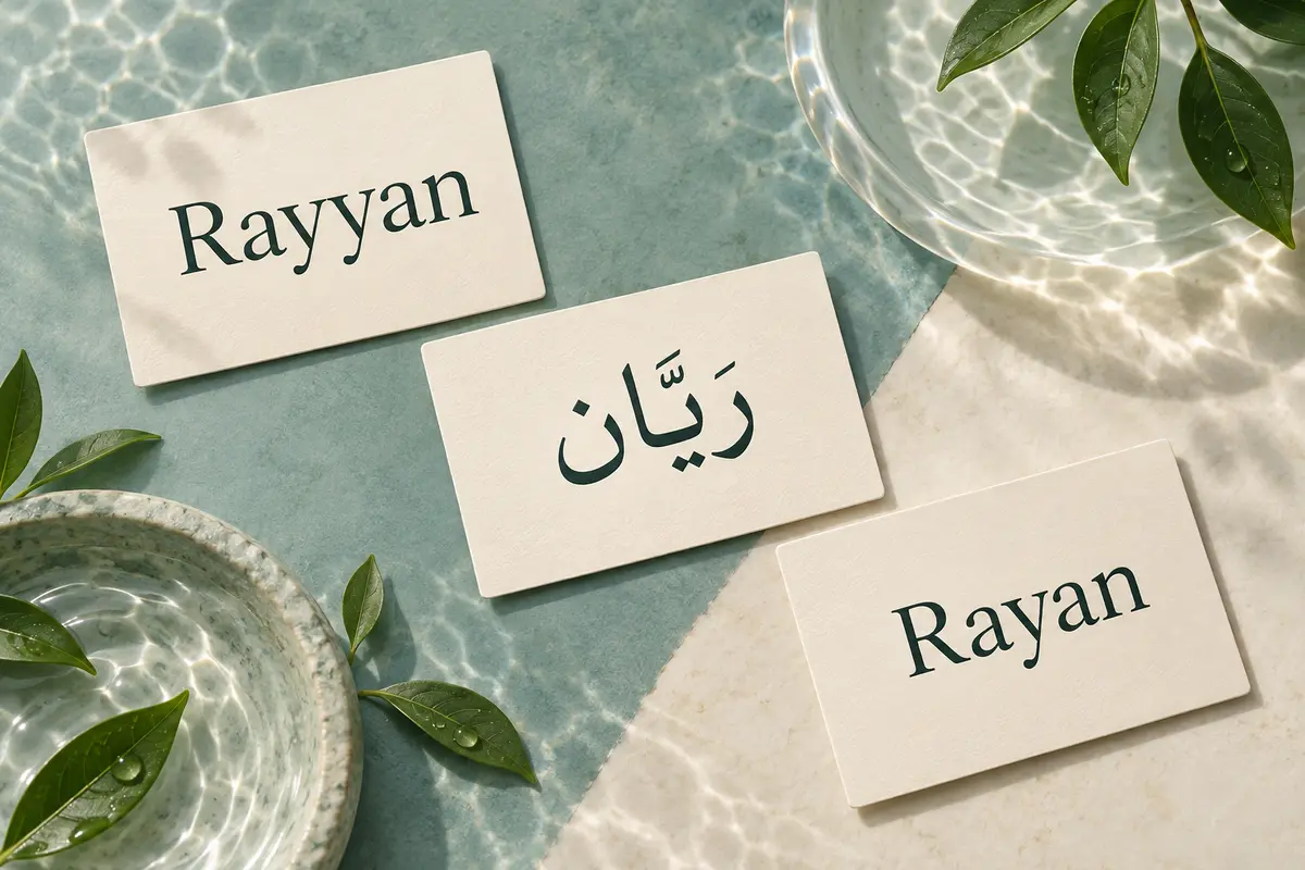 Three cream cards showing Rayyan, Arabic رَيَّان, and the variant Rayan