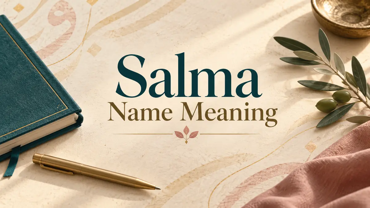 Salma Name Meaning title on an ivory editorial background with a teal notebook and olive branch