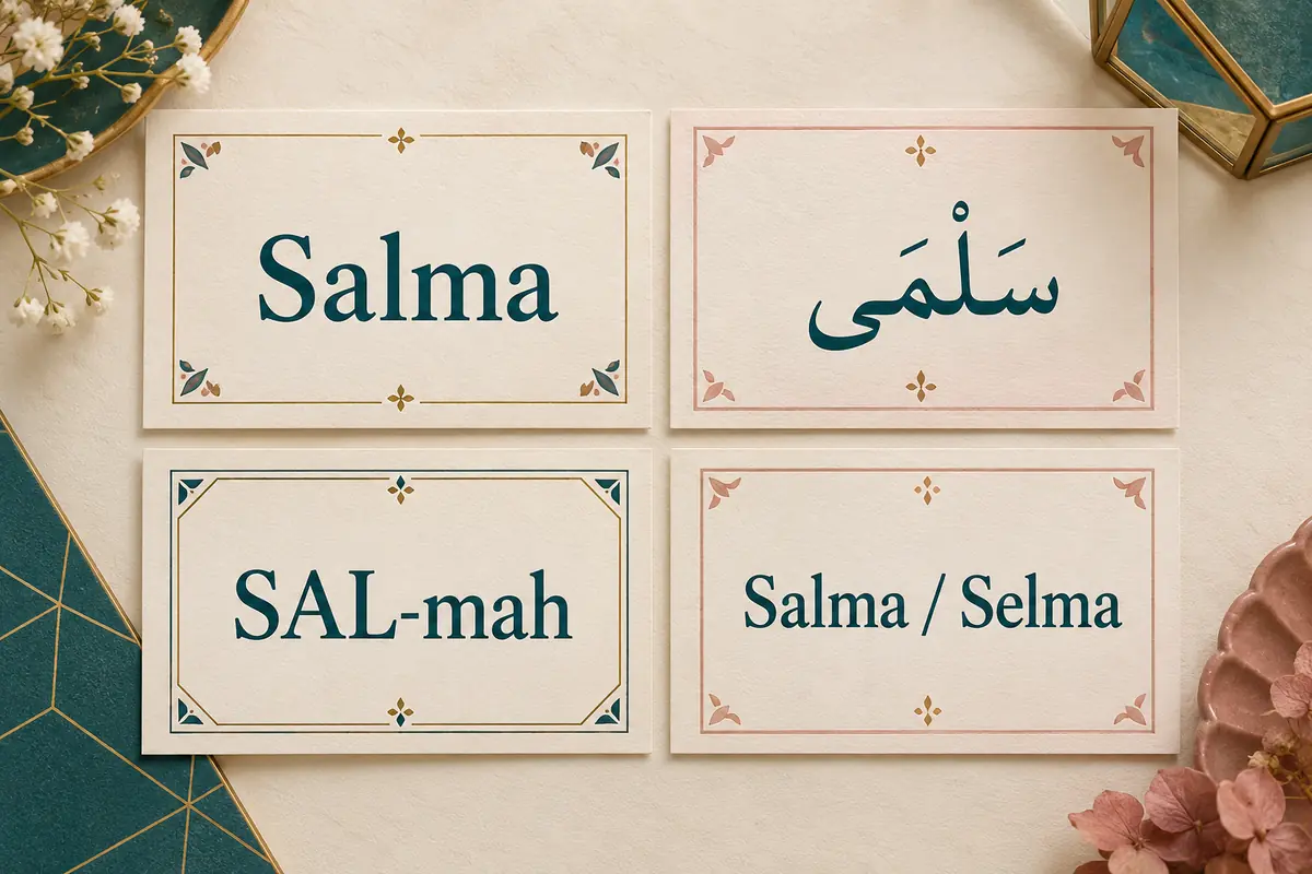 Cards showing Salma, Arabic سَلْمَى, pronunciation SAL-mah, and Salma or Selma spellings