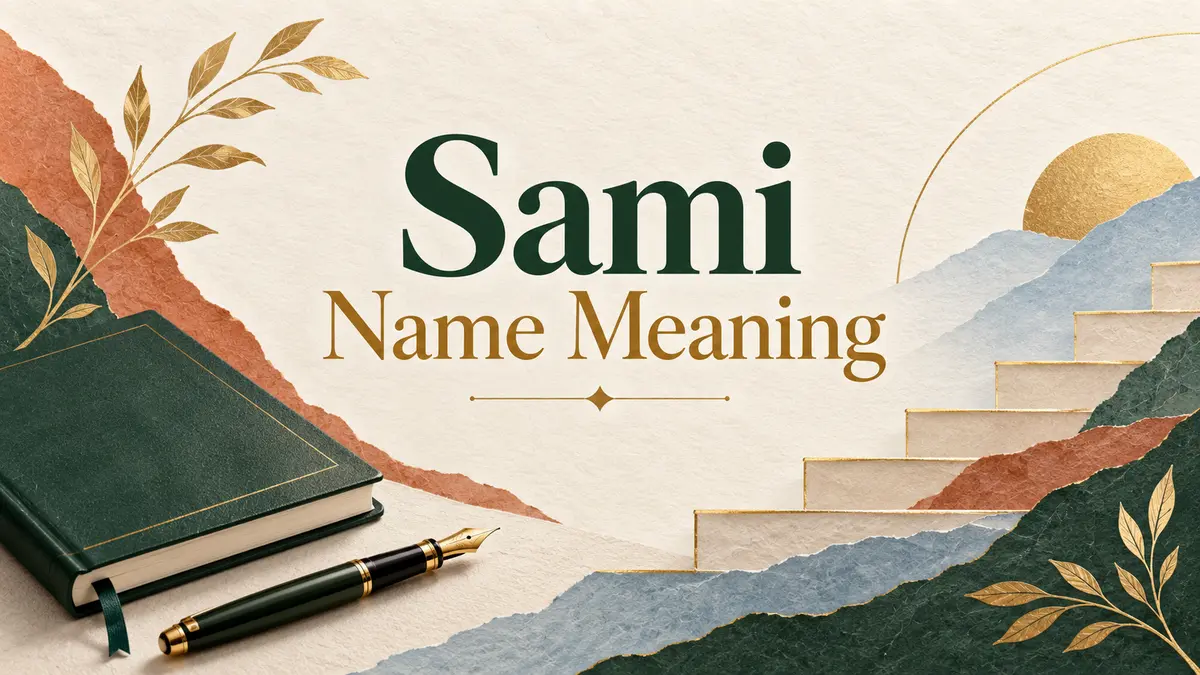 Sami Name Meaning title on ivory paper beside a green notebook, fountain pen, and rising paper steps
