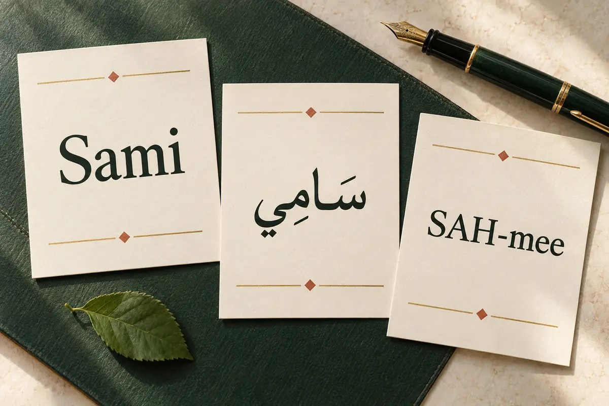 Three cream cards showing Sami, Arabic سَامِي, and the pronunciation guide SAH-mee