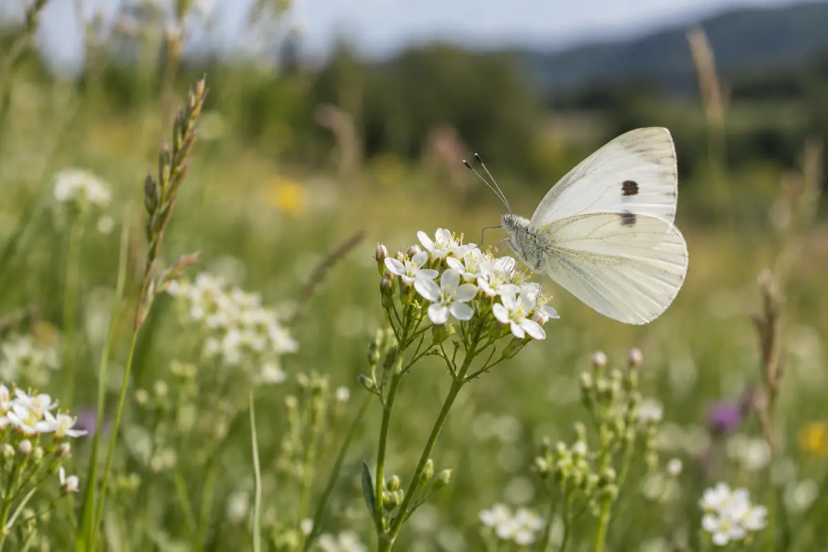 White butterfly resting on white wildflowers in a meadow
