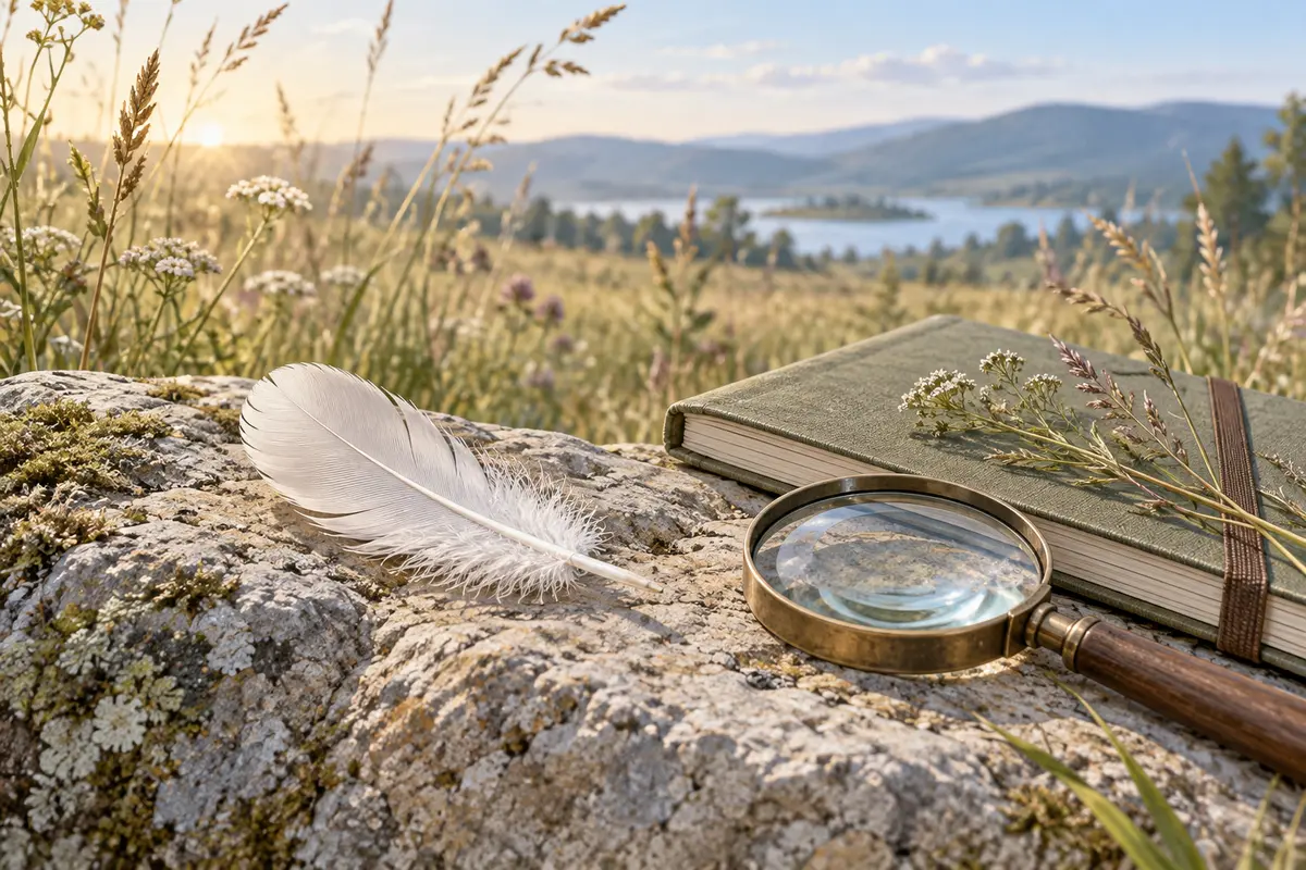 White feather beside a field notebook and magnifying glass on a sunlit rock