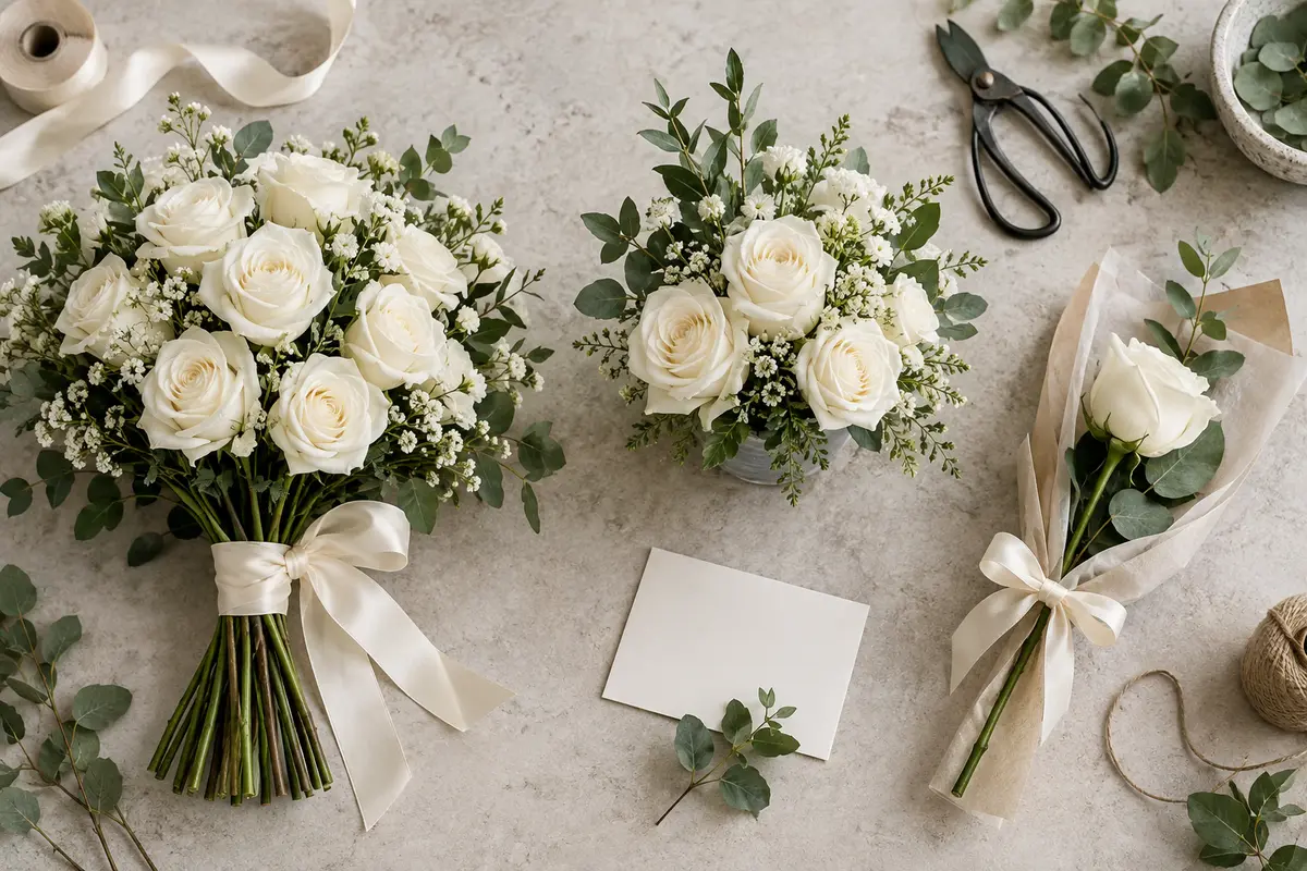 White roses arranged for a wedding, remembrance, and personal gift