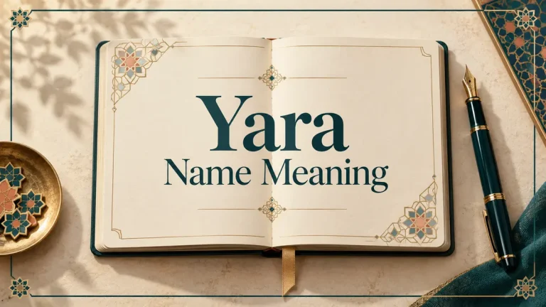 Yara Name Meaning title on an ivory notebook with teal and gold accents
