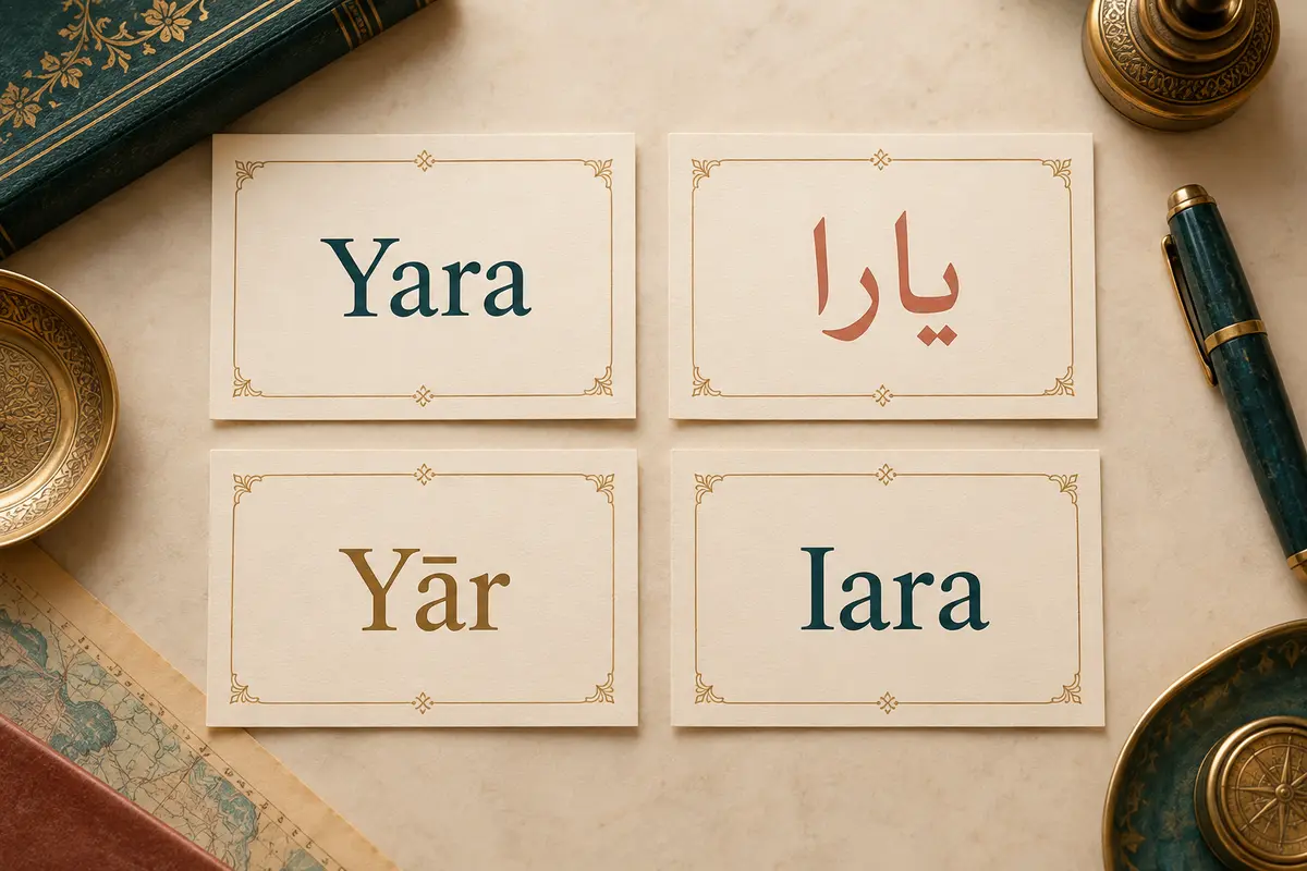 Cards comparing Yara, Arabic يارا, Persian Yār, and Iara spellings