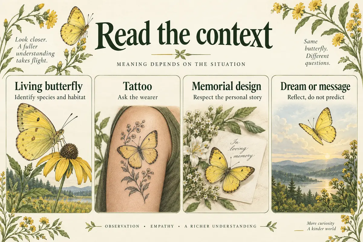 Yellow butterfly meaning context guide for wildlife, tattoos, memorials, and messages
