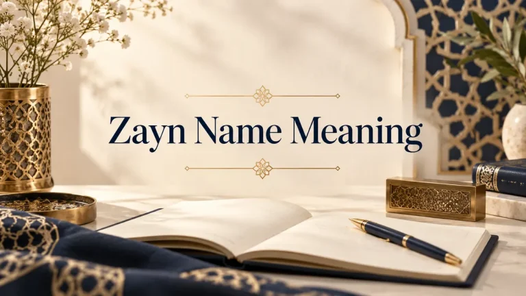 Zayn Name Meaning title above an open notebook in navy and gold