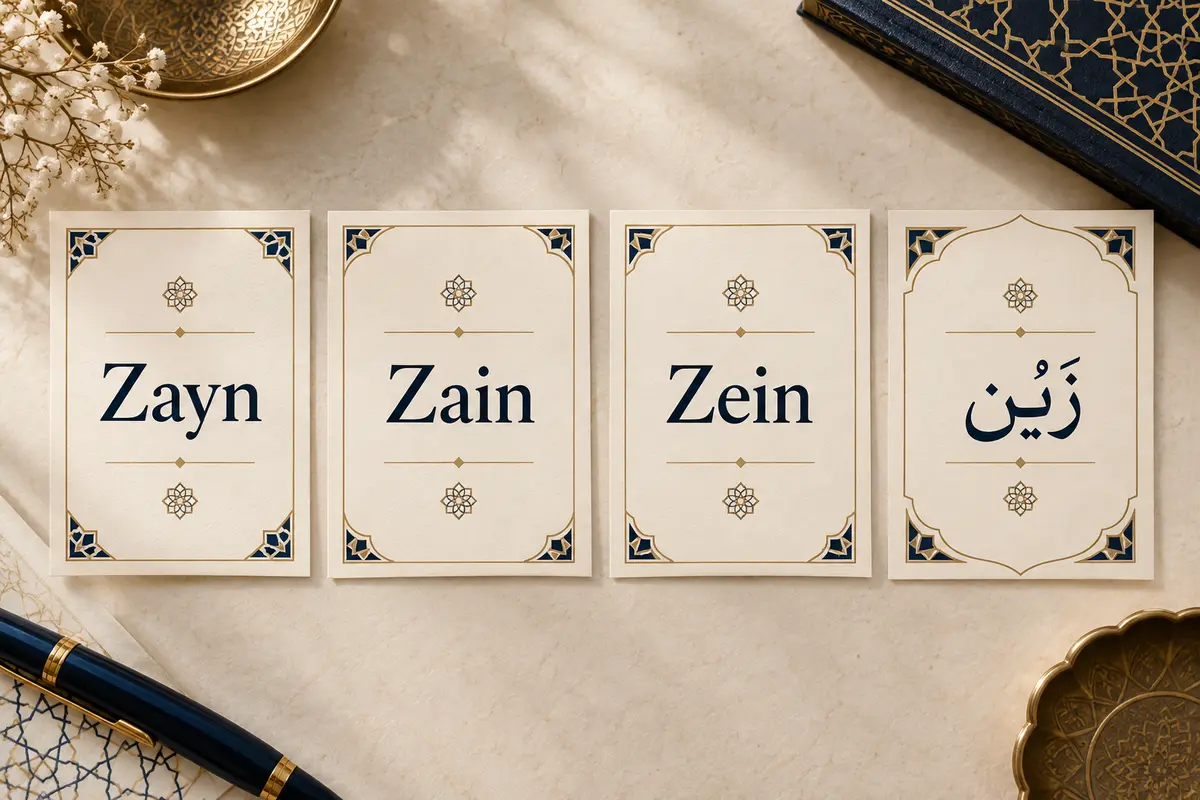 Cards comparing Zayn, Zain, Zein, and the Arabic spelling زَيْن